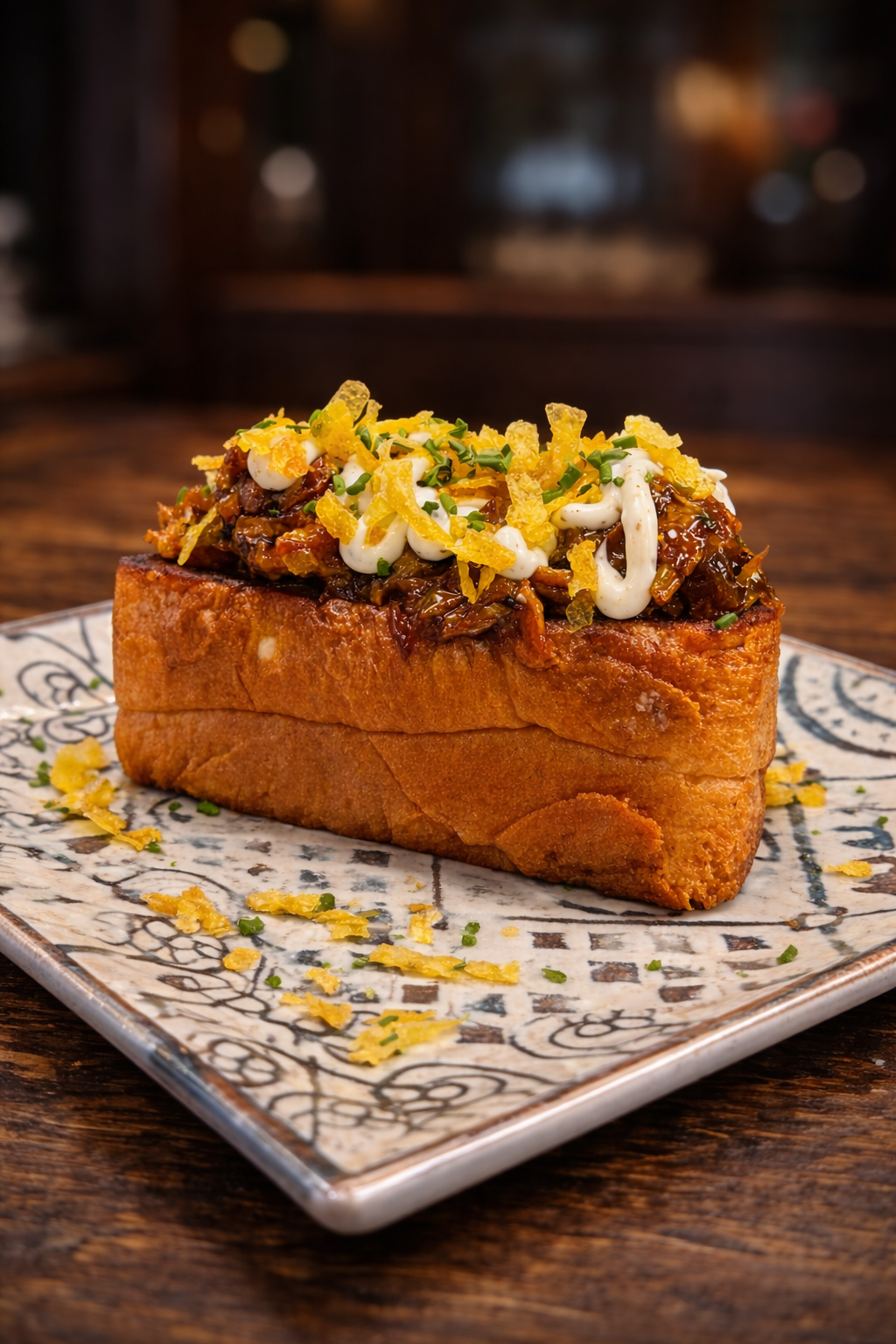  MINI BRIOCHE DE COSTILLA DESILACHADA, CHIPS DE PATATA Y MAYO TRUFA